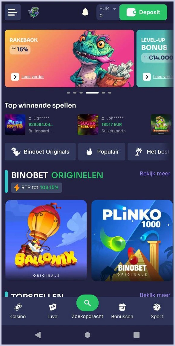Overzicht van de hoofdpagina voor Binobet casino