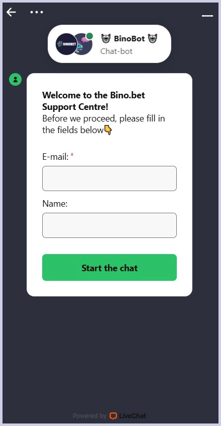 Klantenservice chatfunctie bij Binobet
