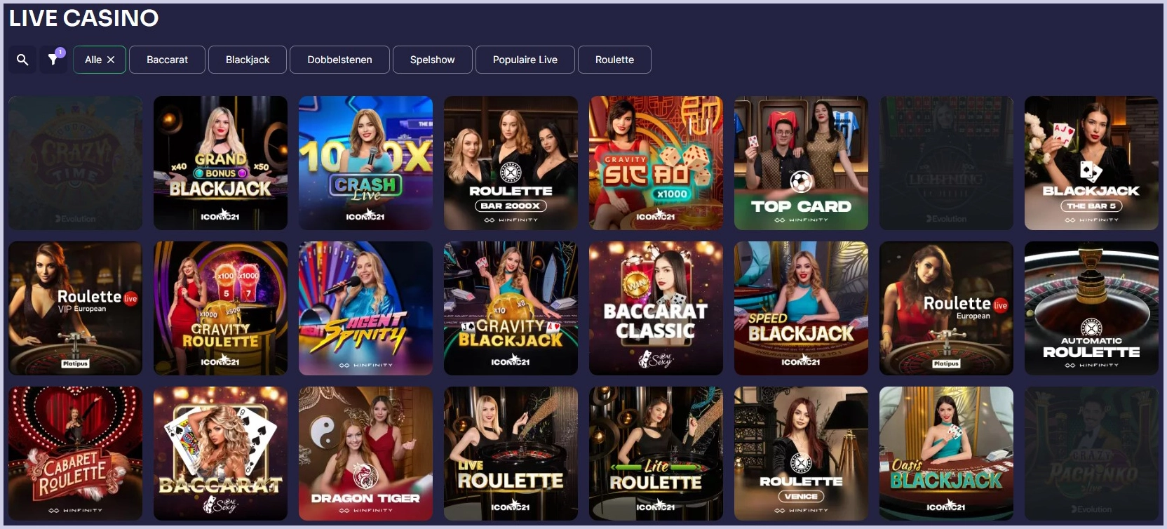 Live casino lobby met directe toegang tot tafels